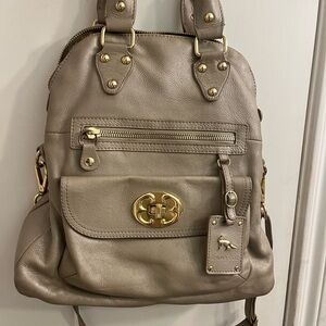 Emma Fox Beige Leather Fold Over Satchel with Gold Accents
